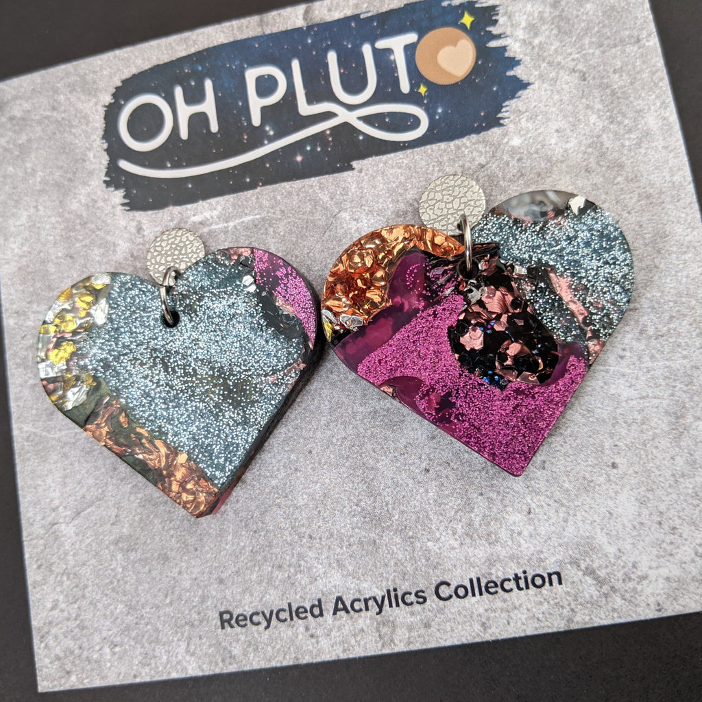 Large Heart Shaped Earrings made from scrap acrylic, and hanging from stainless steel earring toppers.