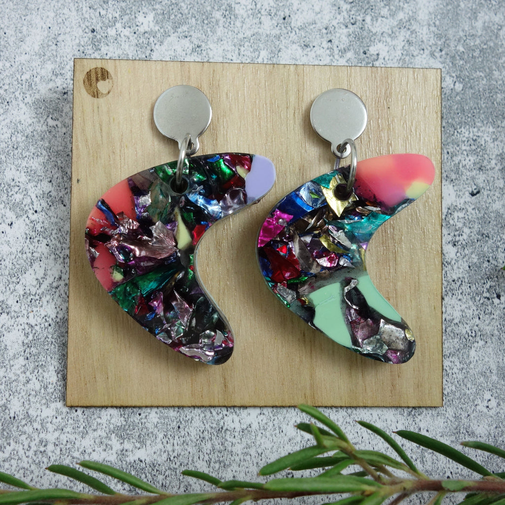Mid century curve inspired recycled acrylic earrings with stainless steel earring toppers. 