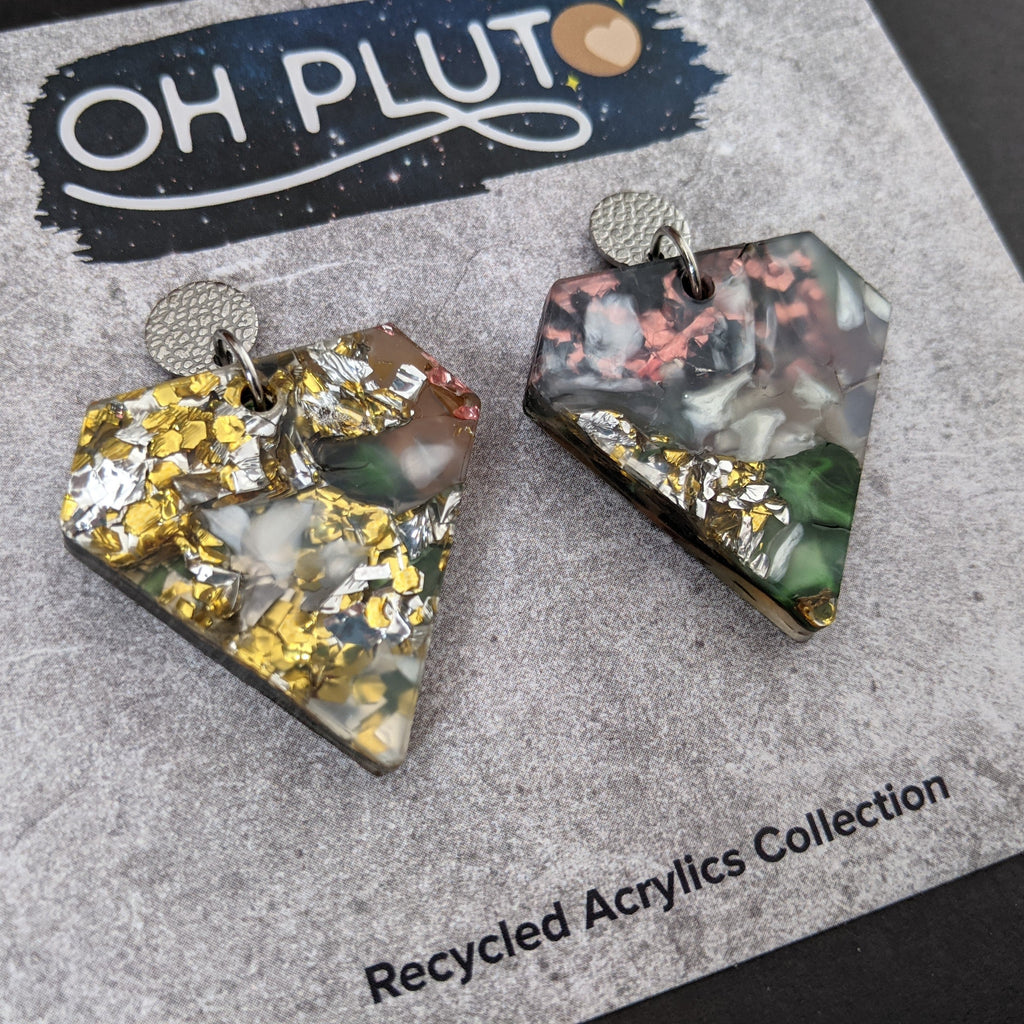 Diamond shaped acrylic earrings made from melt pressed acrylic scraps.