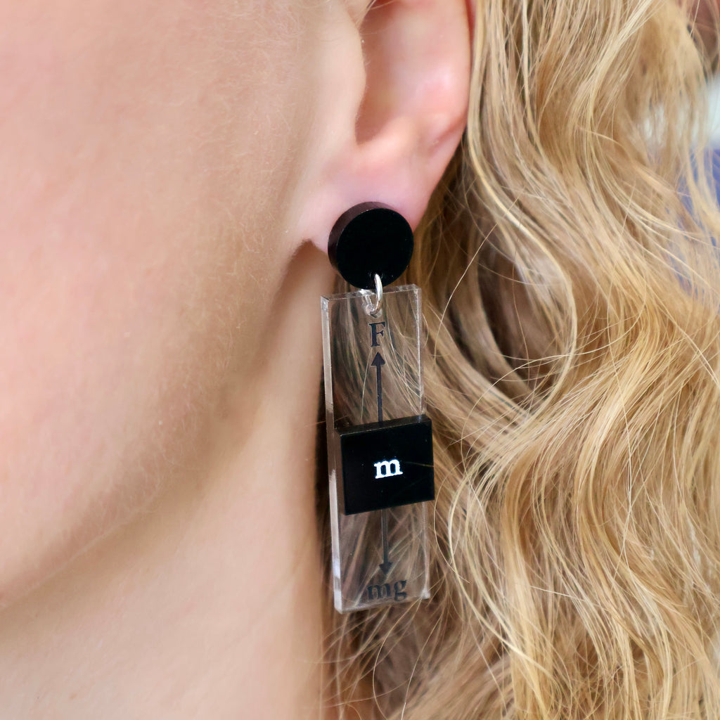 Black and Clear Acrylic Physics Force Earrings being modelled. 