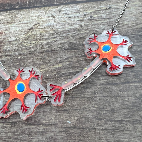 Closeup view of a necklace comprising of two acrylic neurons with handpainted details. Laser cut from acrylic and on a stainless steel chain.