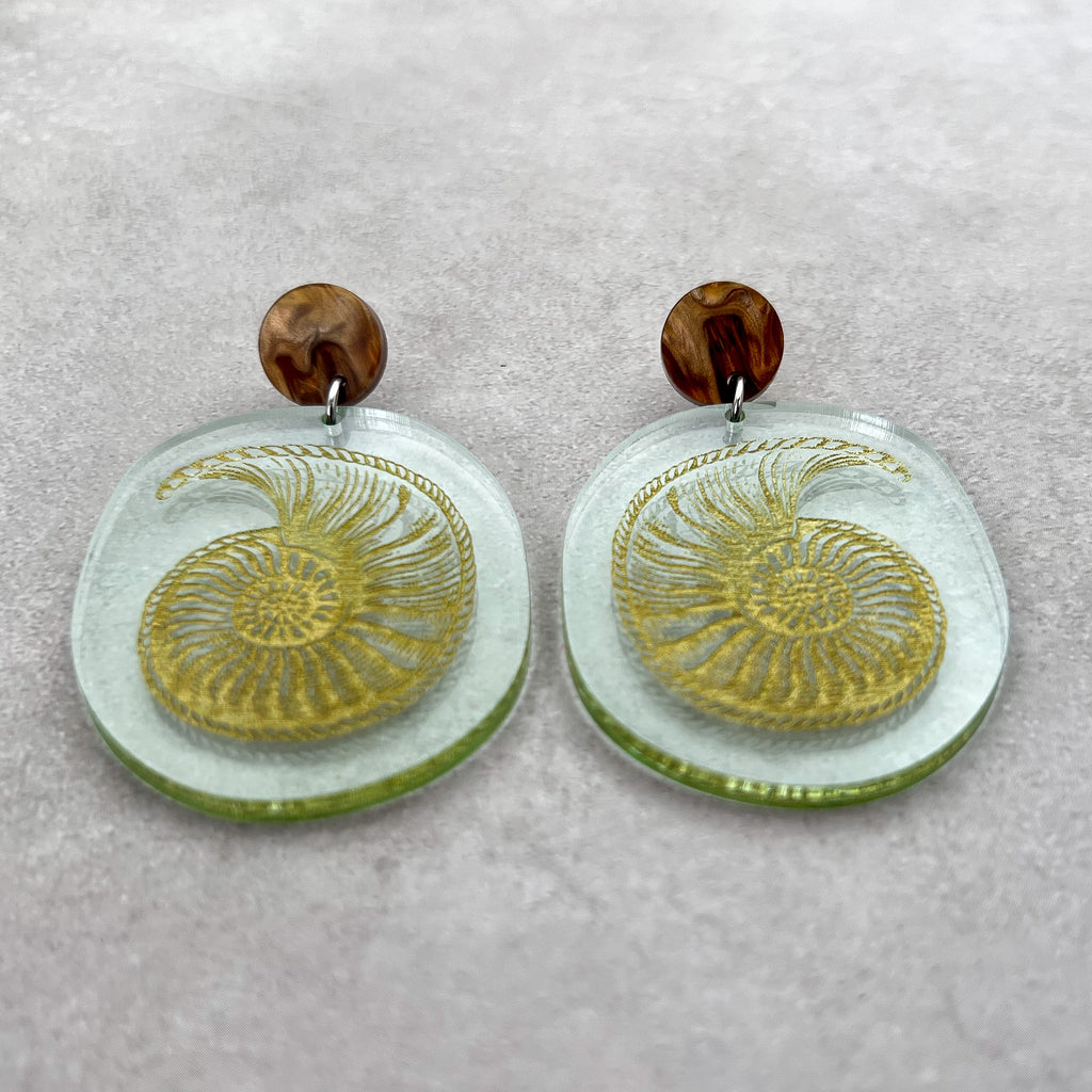 Nautilus fossil earrings, with a gold nautilus design handpainted on a green seaglass toned acrylic. They earrings hang from brown acrylic toppers.  Front view.