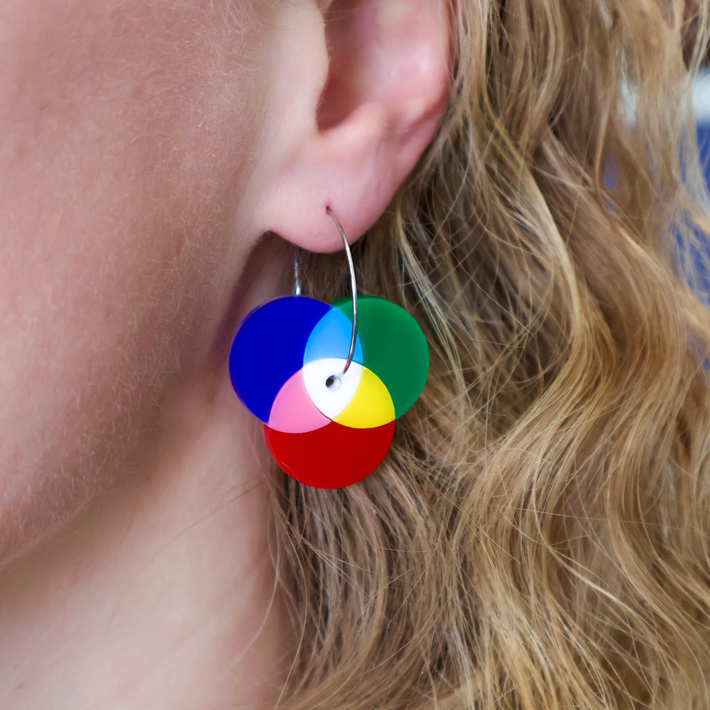Asymmetrical Laser Cut Acrylic Colour Wheel Earrings showing additive and subtractive colour diagrams. Earrings are being modelled. 