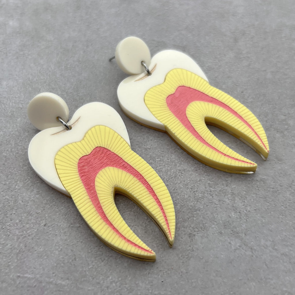 A pair of tooth earrings, laser cut from acrylic and showing a cross-sectional view. They hang from ivory toned acrylic toppers.
