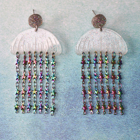 Glittery Acrylic jellyfish earrings with rainbow star chain.