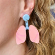 Anatomical lung earrings being modelled, Laser cut and handmade from acrylic.