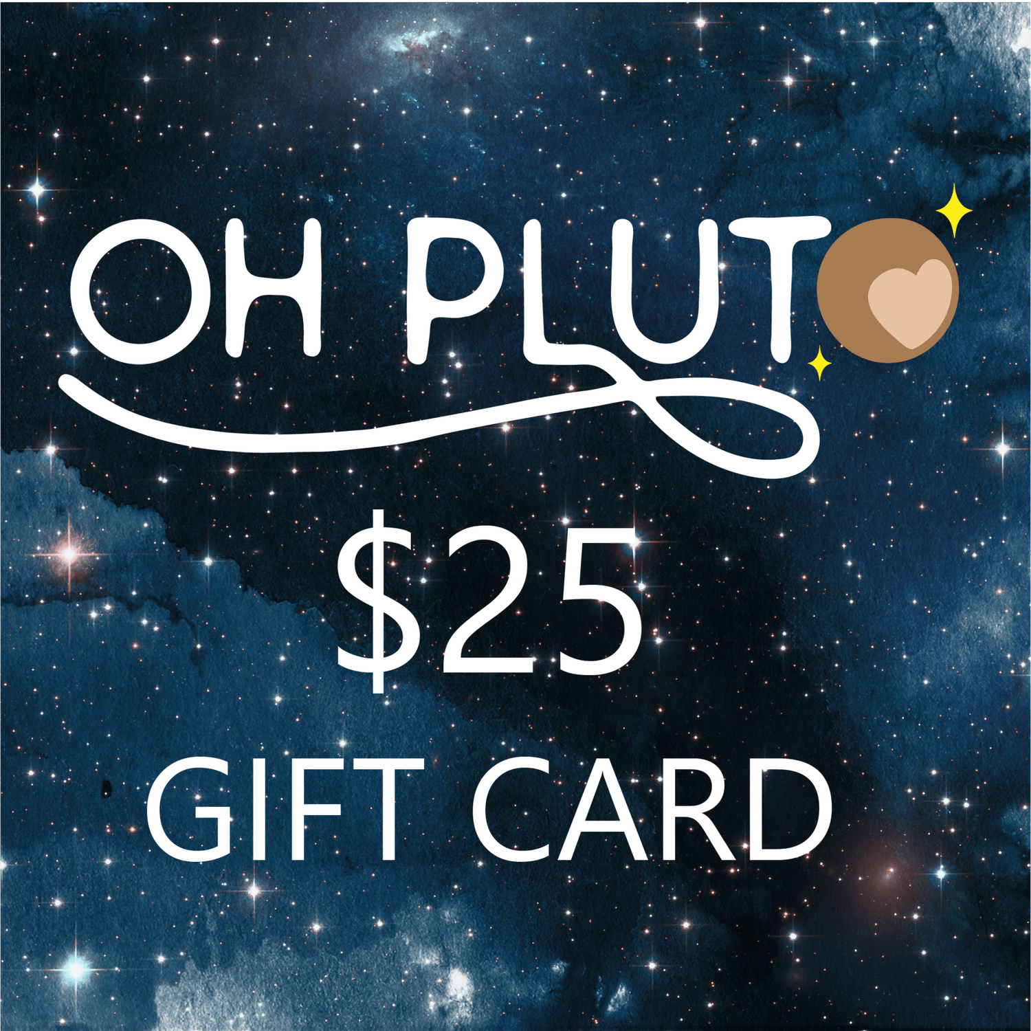 Gift card with 'OH PLUTO' branding and a $40 value against a starry space background.