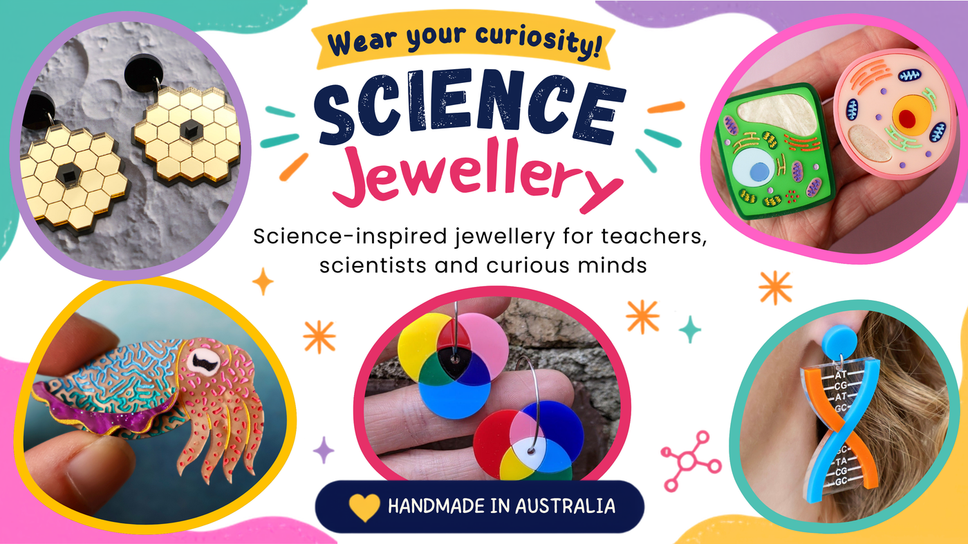 Wear your curiosity: Science Jewellery. Science-inspired Jewellery for teachers, scientists and curious minds. Handmade in Australia. Website Banner.