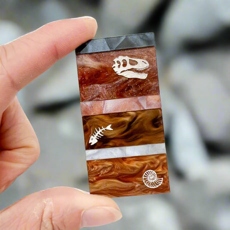 A brooch representing sedimentary layers, rectangular in shape and comprising 6 strips of different grey and brown acrylics, with a t-rex skull, fish bones and nautilus engraved and handpainted in the larger layers.