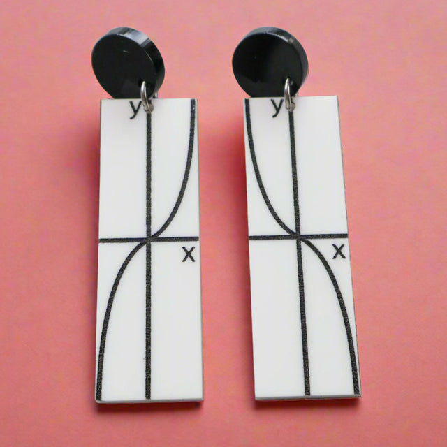 Pair of black and white earrings with tan graph design