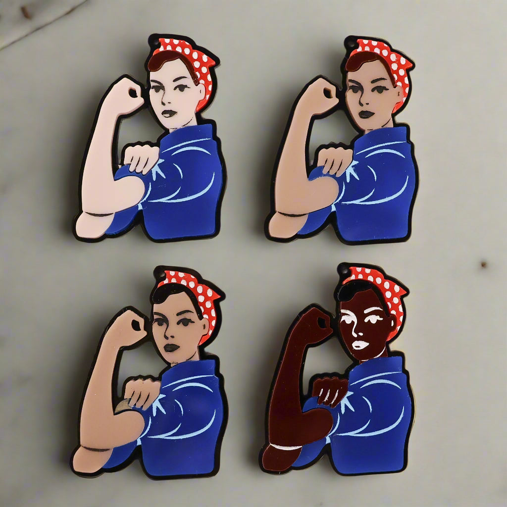 Rosie Riveter Earring variations, light skin/brown hair, medium skin/brown hair, medium skin/black hair, darkskin/black hair.