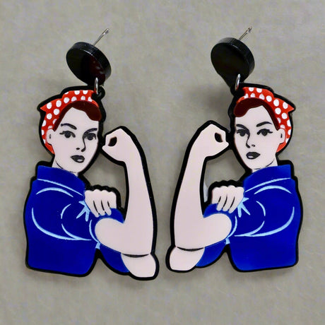 Rosie the Riveter Earrings in light skin tone with brown hair, laser cut acrylic on black toppers with surgical steel posts
