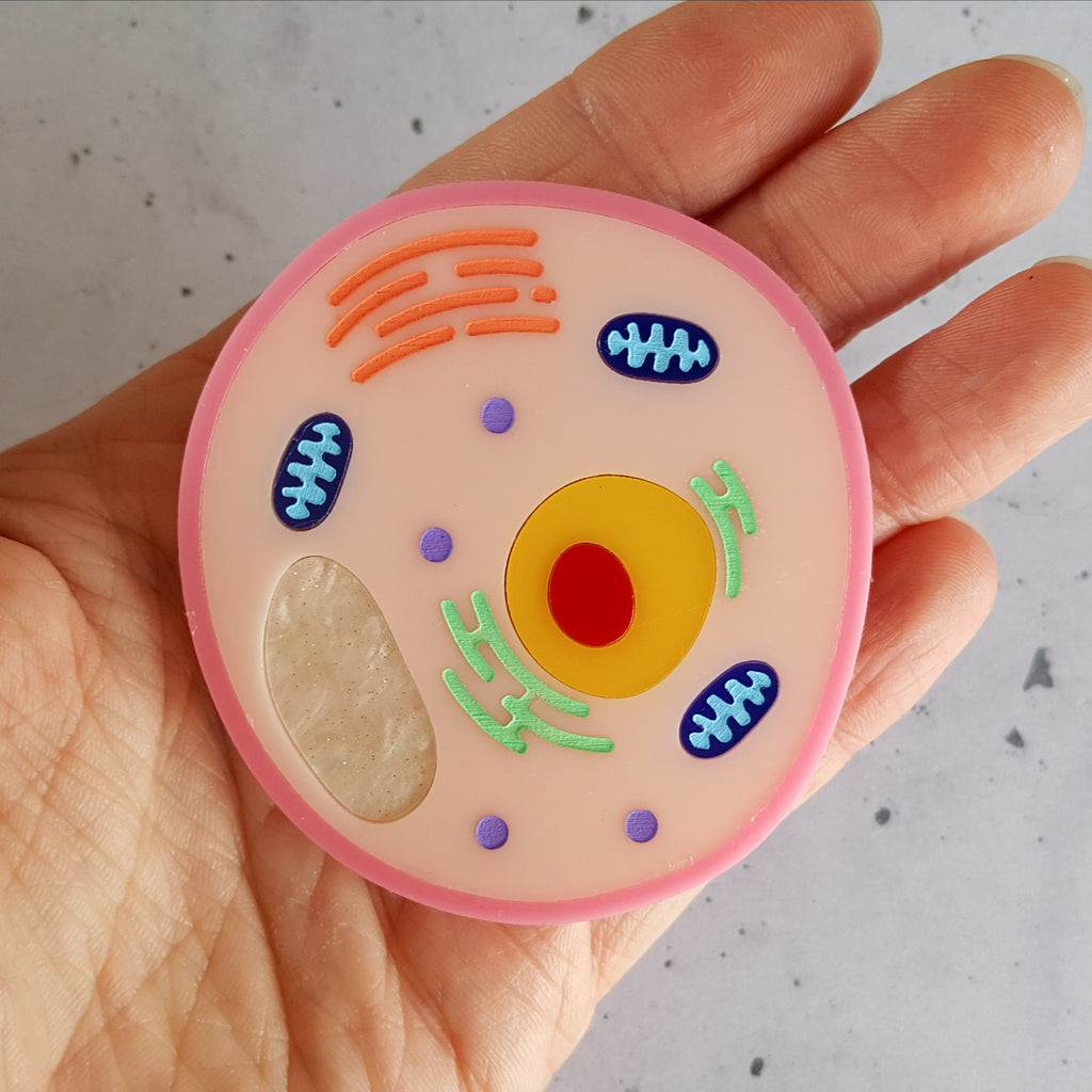 A pink animal cell acrylic brooch, closeup view, being held in palm for scale.