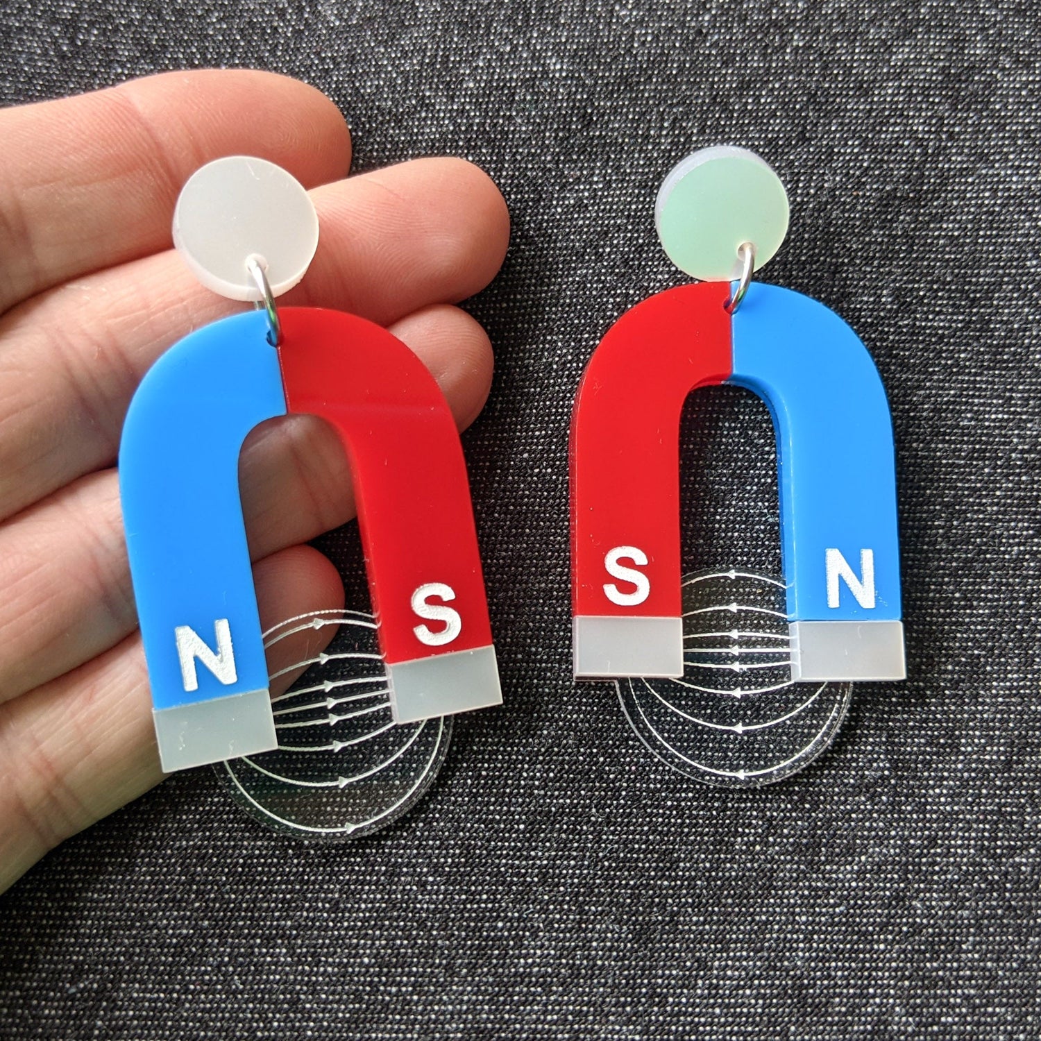Laser Cut Acrylic HorseShoe Magnet Earrings. Blue, Red and Silver.