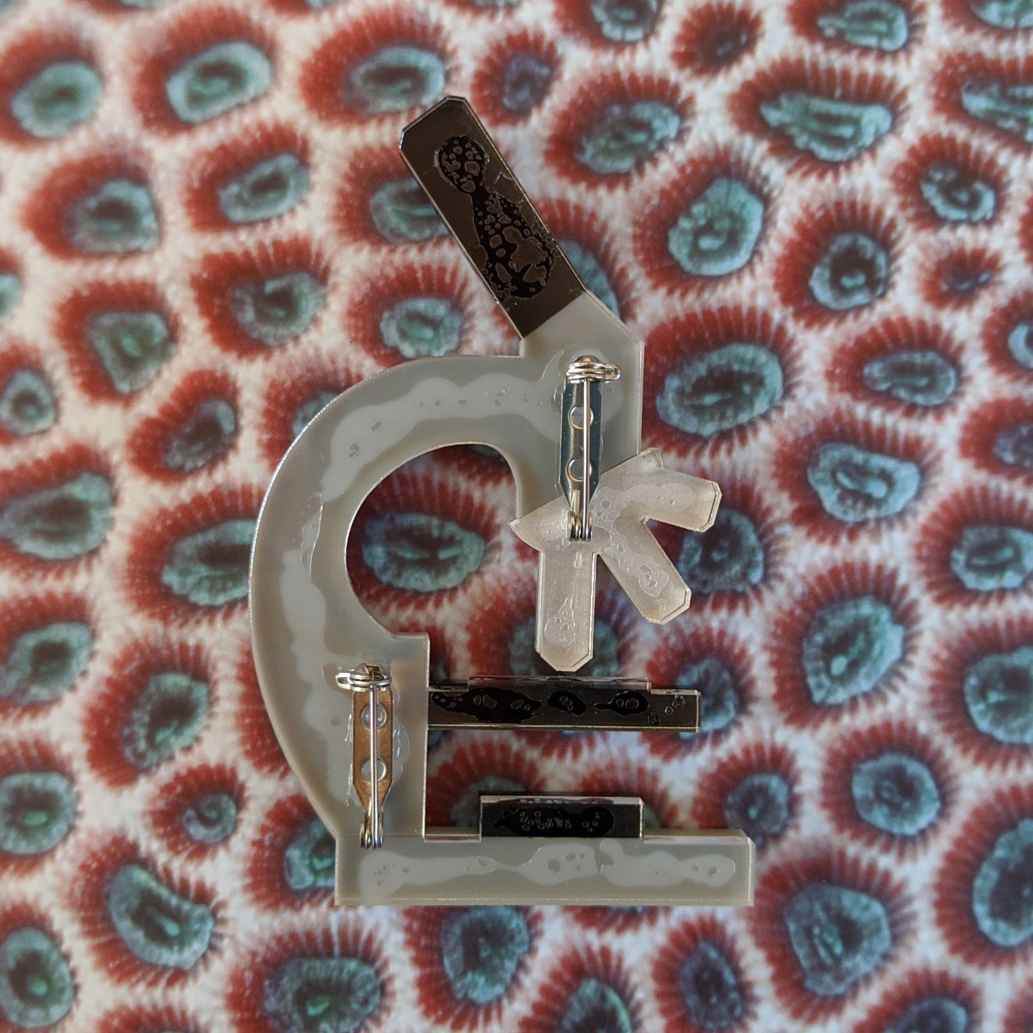 Laser Cut Acrylic Large Statement Microscope Brooch. Photo Shows Brooch Back.