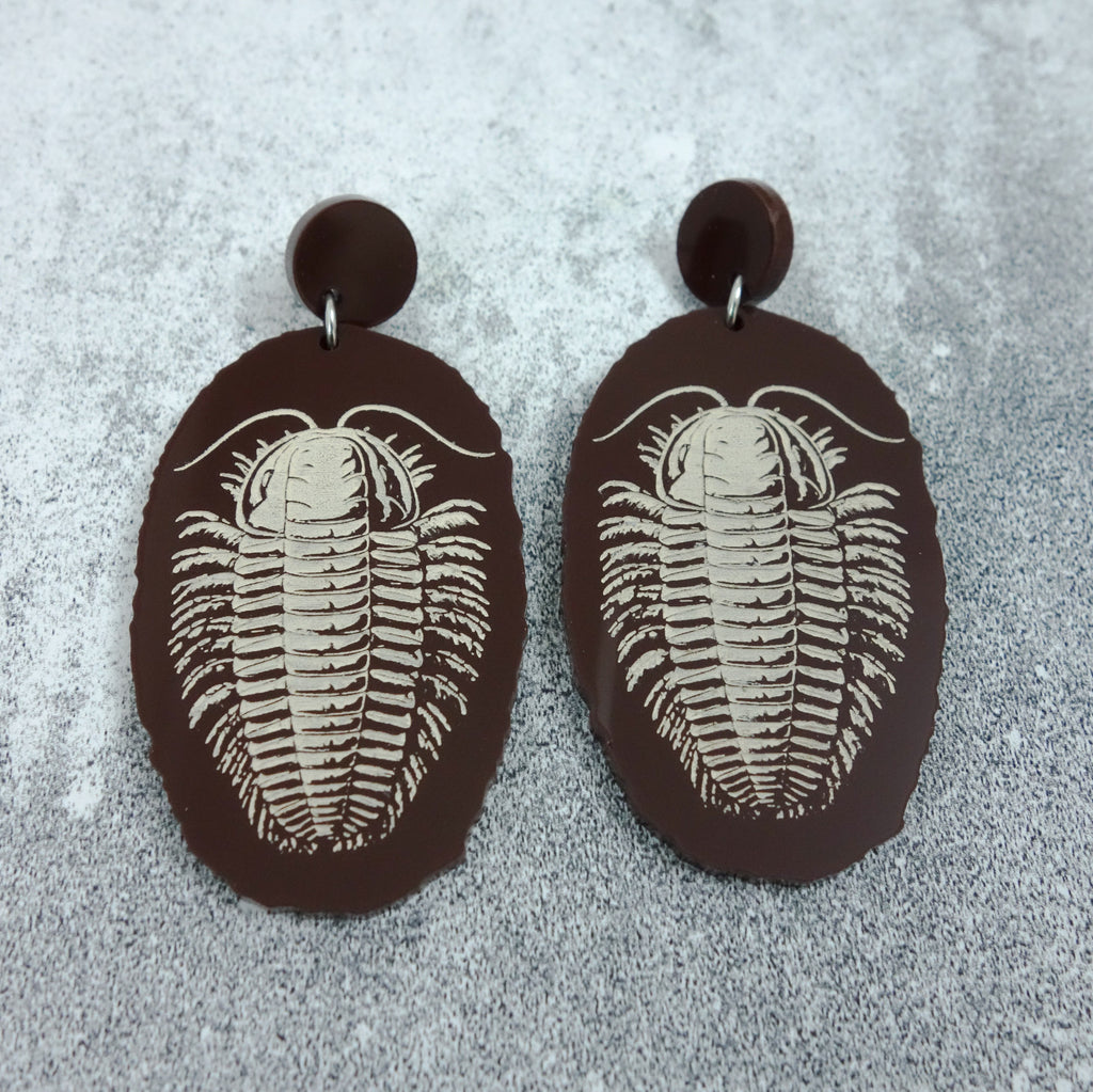 Dark Brown Trilobite Faux Fossil Earrings from Laser Cur Acrylic. Close up view.