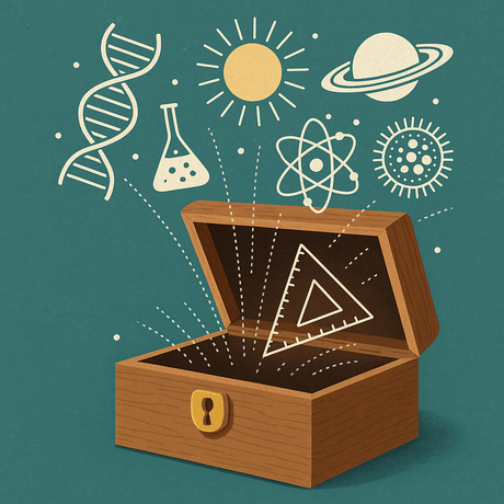 A graphic of a jewellery box with science symbols around it.