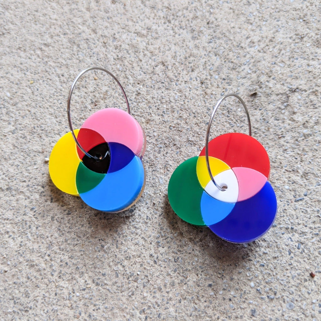 Subtractive and additive colour wheel earrings made from laser cut acrylic.