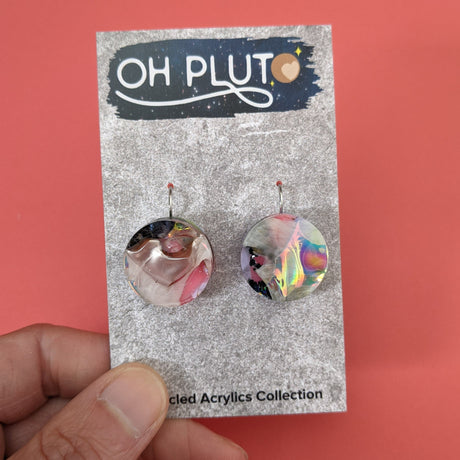 Small round recycled acrylic earrings with small stainless steel french hooks