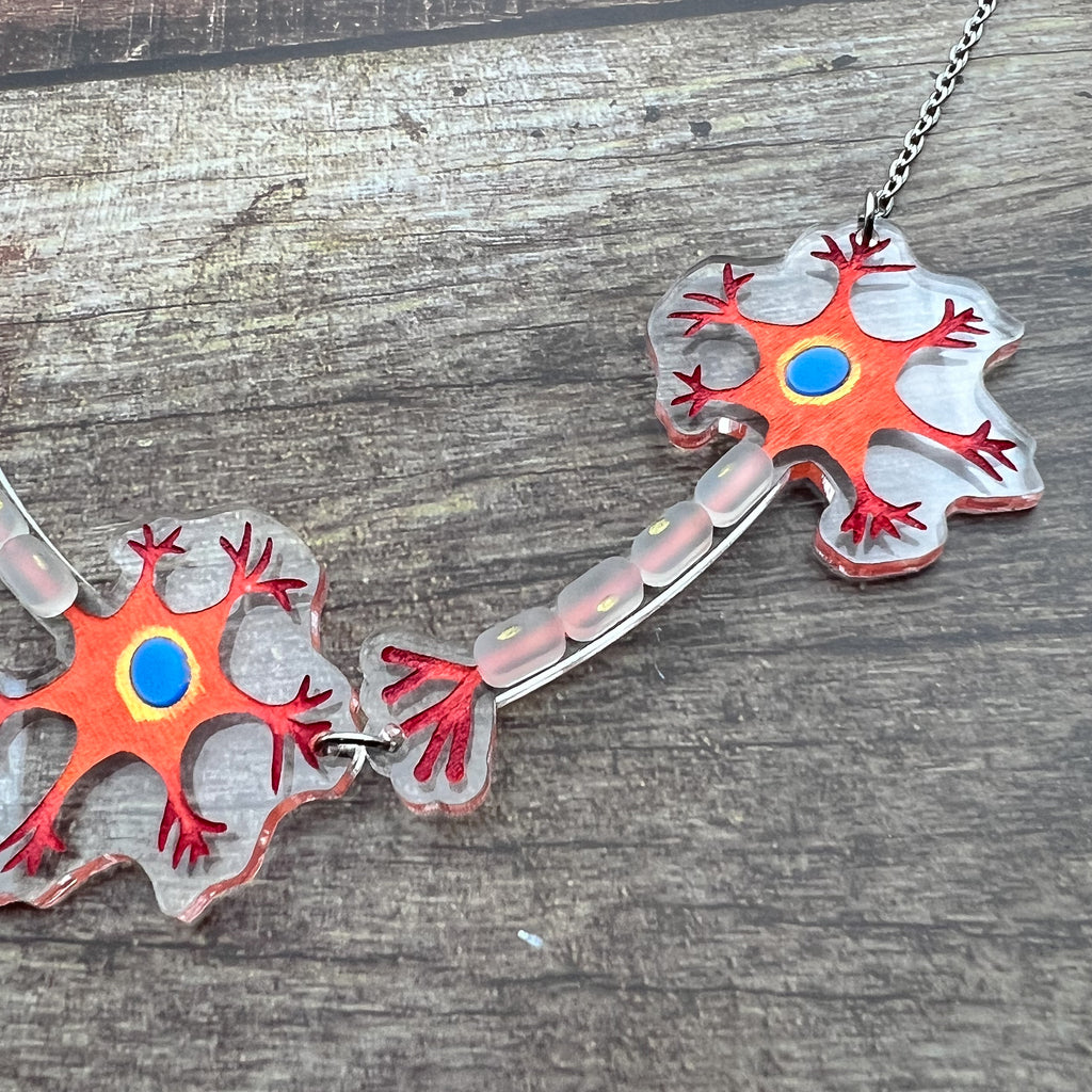 Closeup view of a necklace comprising of two acrylic neurons with handpainted details. Laser cut from acrylic and on a stainless steel chain. 