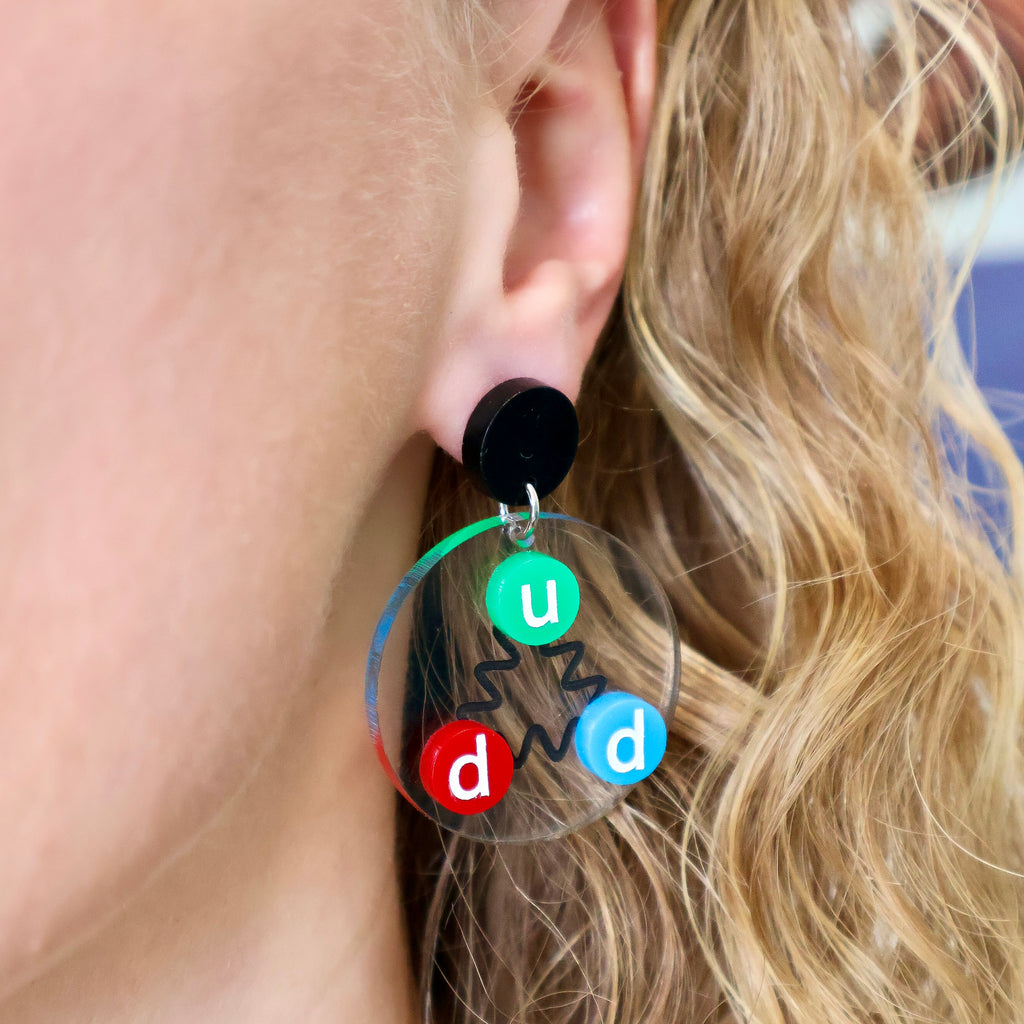 Laser cut acrylic quark earrings being modelled.