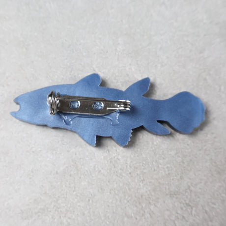 Back view of a coelacanth acrylic brooch showing brooch pin.