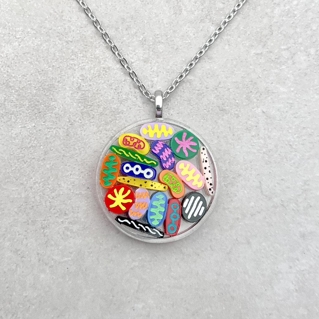 A Petri Dish pendant. Lots of little multicoloured acrylic 'microbes' sit inside an acrylic disc. The pendant hangs from a fine stainless steel acrylic chain.