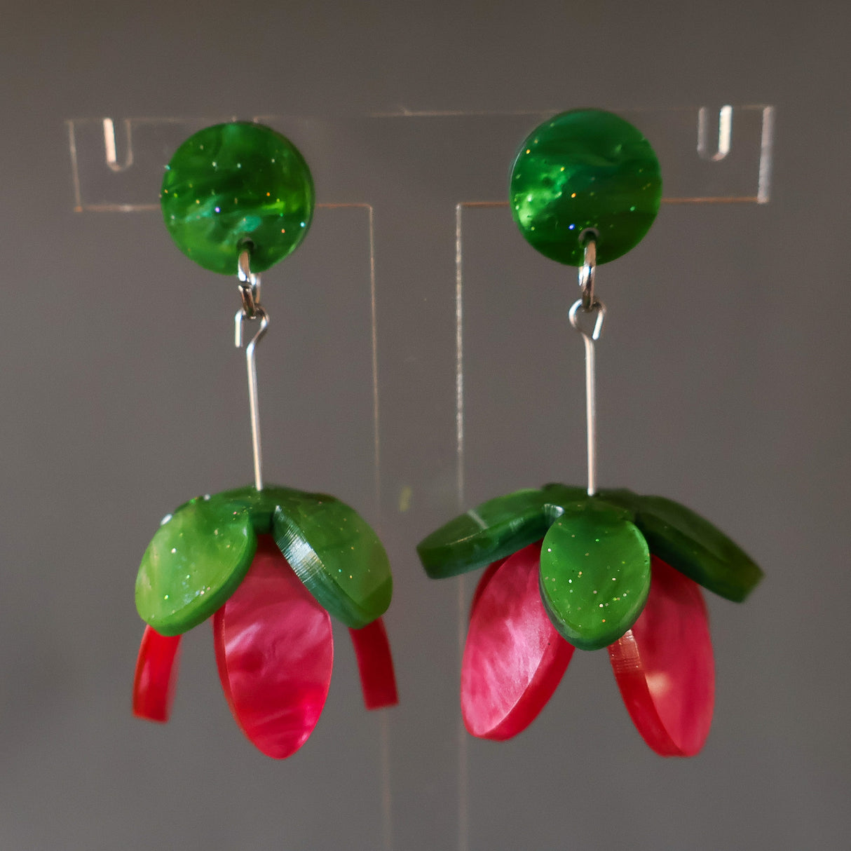 3D Pink Flower Acrylic Dangle Earrings