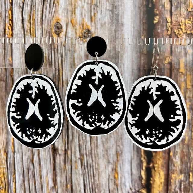 Three differnet earring topper variations on the MRI brain earrings.