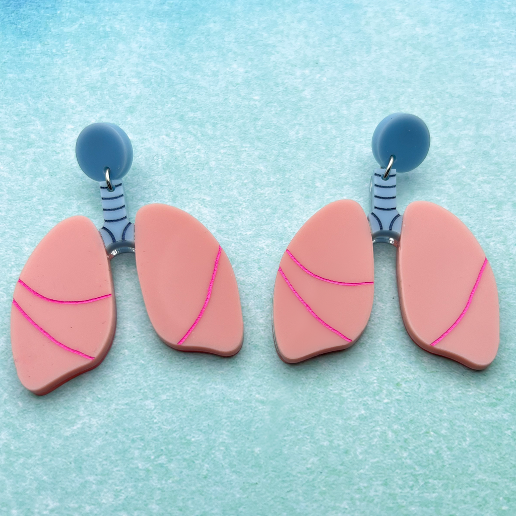 Anatomical lung earrings in pink and blue tones.  Laser cut and handmade from acrylic.