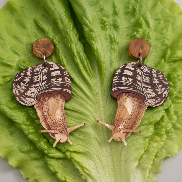 Acrylic snail earrings sitting on a green lettuce leaf. 
