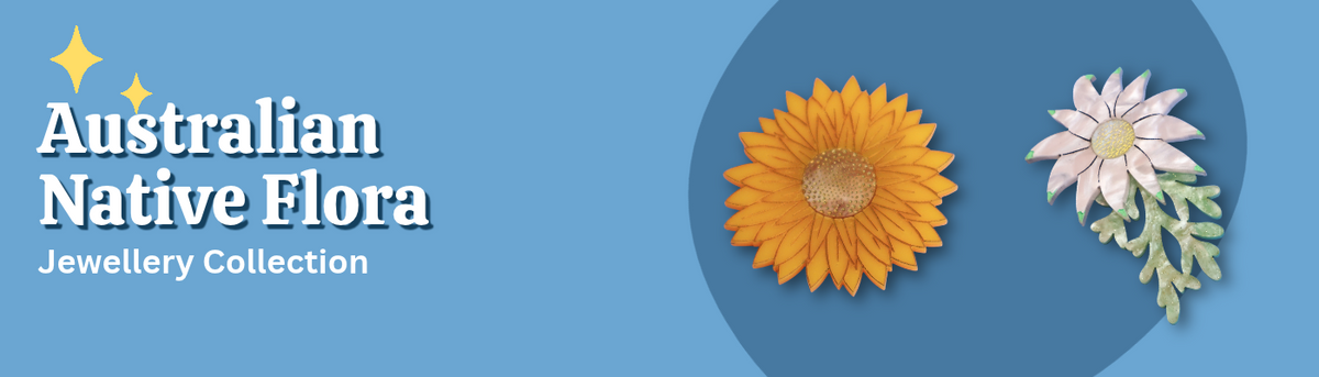 Australian Native Flora Collection Banner for mobile showing swamp everlasting, flannel flower and Christmas bush.