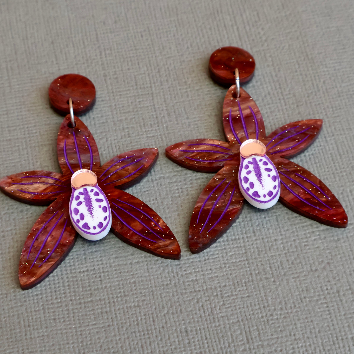 Black orchid earrings angled view