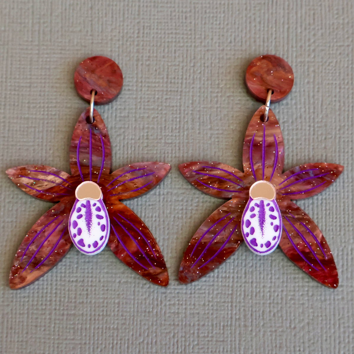Black orchid earrings front view