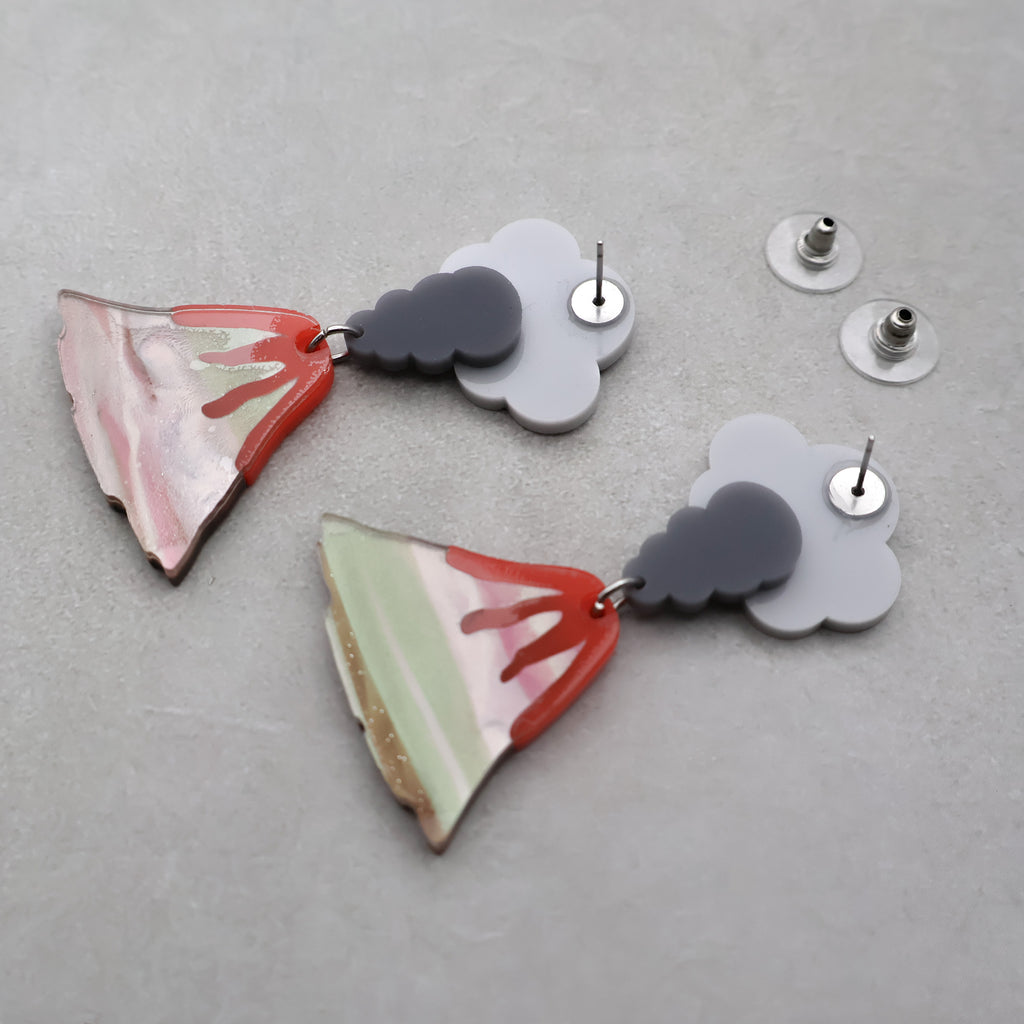The rear view of acrylic volcano earrings, showing the stainless steel earring posts and comfort clutch earring nuts.