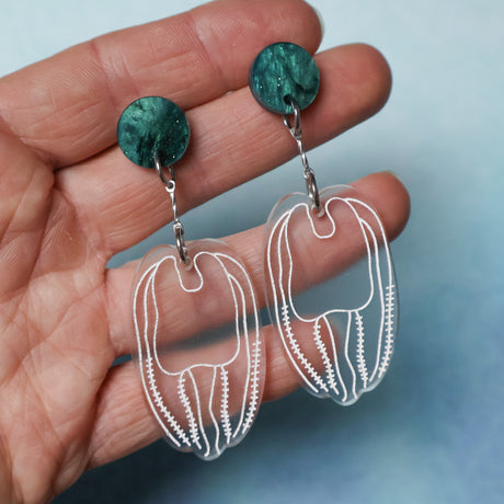 A hand holding a pair of acrylic earrings shaped like comb jellies with engraved painted details, hanging from green circular toppers. 
