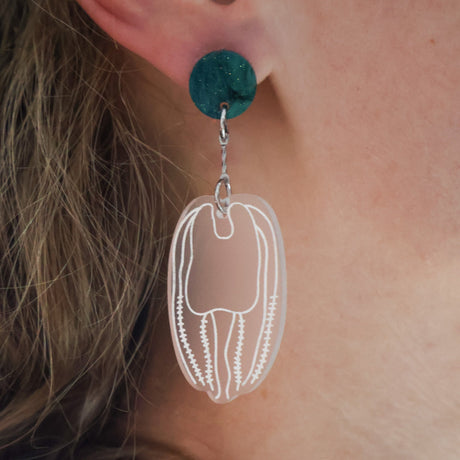 Closeup of an acrylic comb jelly earring being worn. The frosted clear comb jelly hangs from a teal round acrylic topper. 