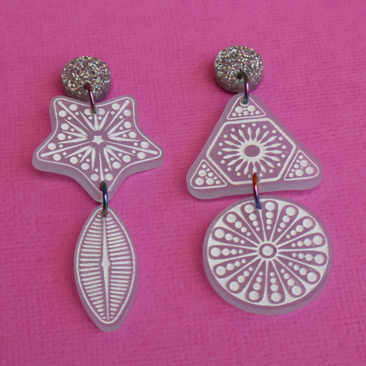 Diatom earrings angled view