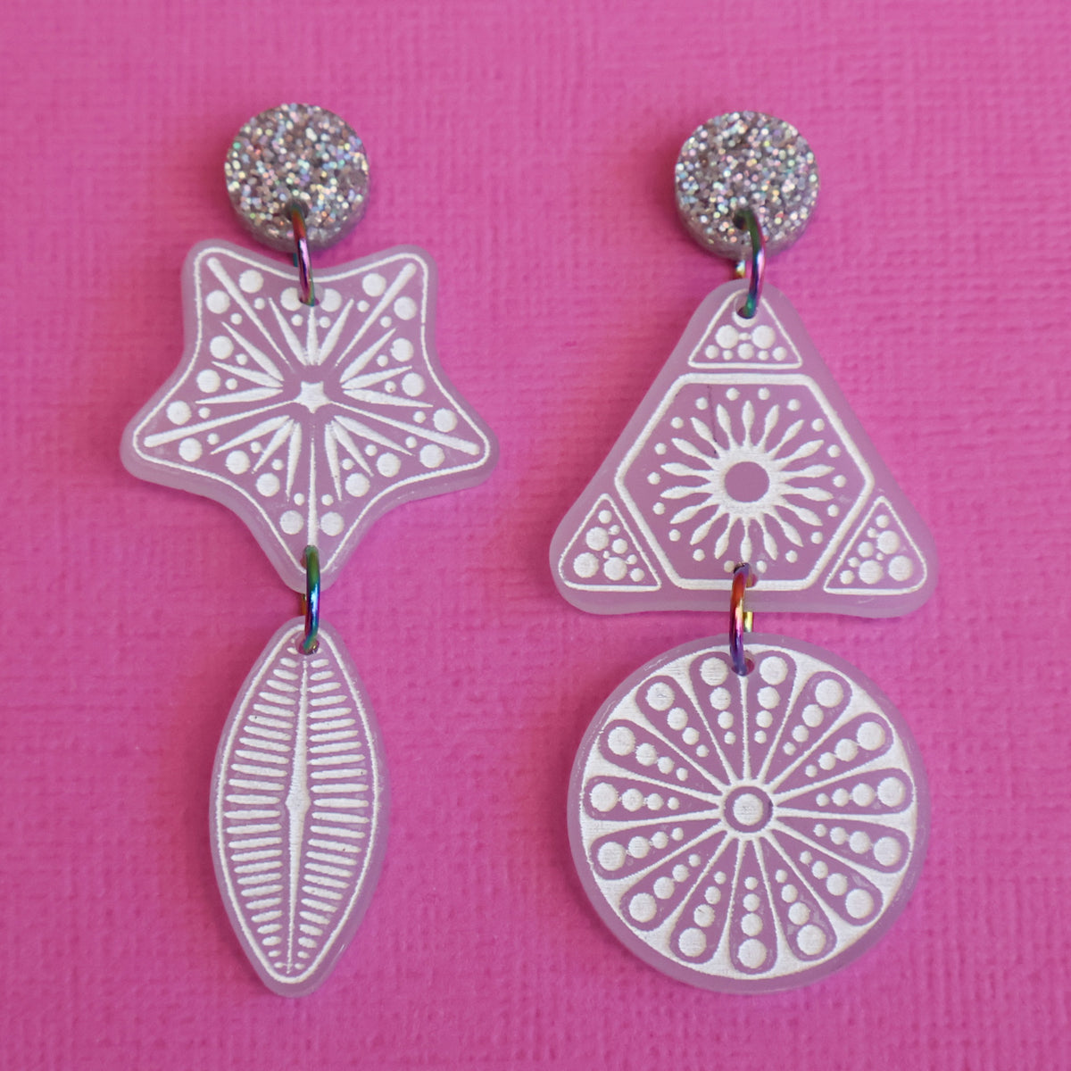 Diatom earrings closeup