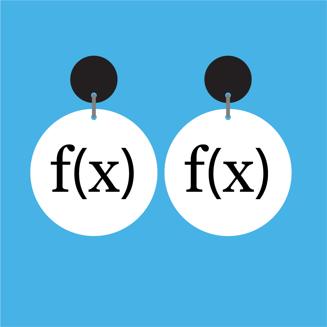 Pair of white round equation dangle earrings with f(x) text in black, and with black earring toppers. 