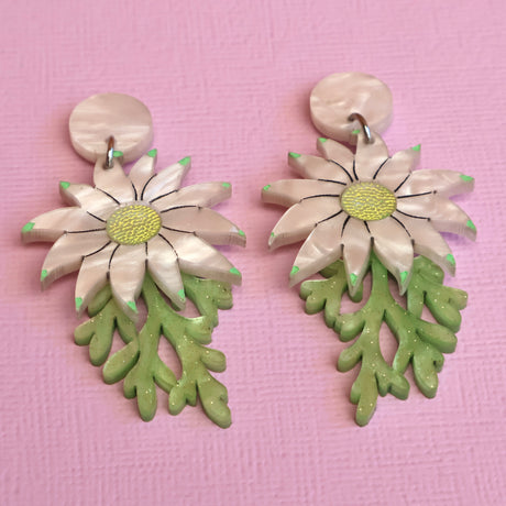 Flannel flower earrings angled view