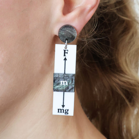 Rectangular Earring with a physics-themed force diagram design worn by a person