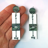 Pair of rectangular dangle earrings with scientific force diagram design on a white background