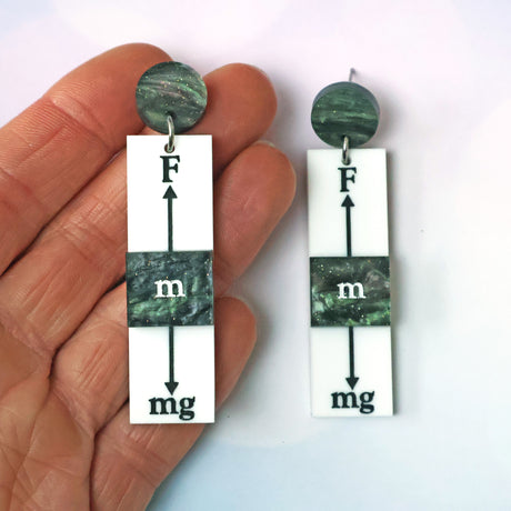 Pair of rectangular dangle earrings with scientific force diagram design on a white background