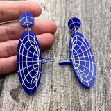 Dark blue dangle acrylic wormhole earrings, view 2.