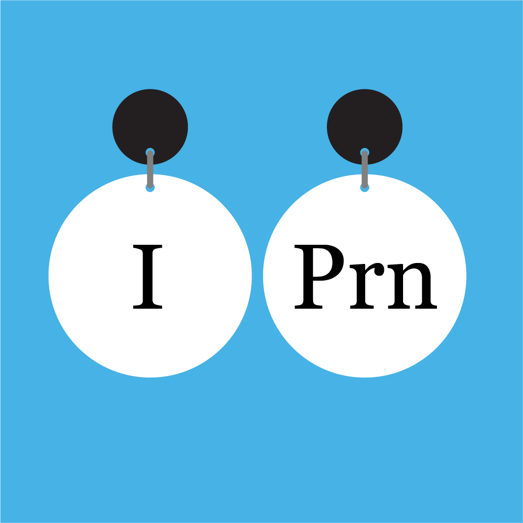 Pair of white round equation dangle earrings with 'I' and 'Prn' text in black, and with black earring toppers. 