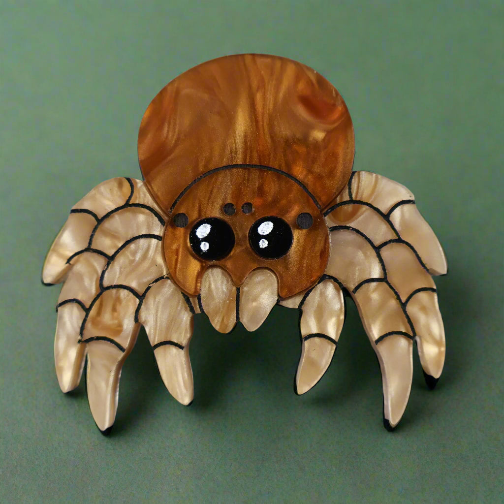 Acrylic jumping spider brooch closeup