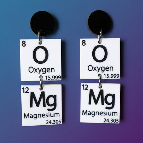 Pair of earrings with oxygen and magnesium periodic table elements on white cards with black text.