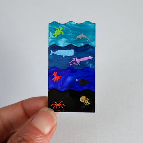 Ocean zones brooch being held up
