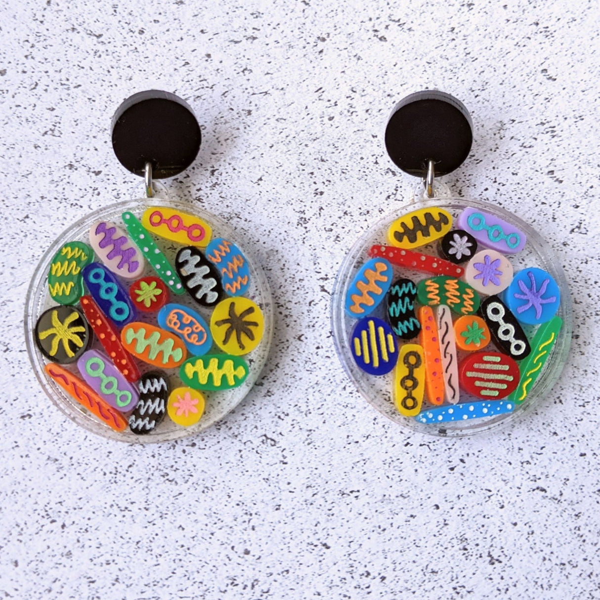 Round earrings resembling Petri Dishes with colourful acrylic shapes arranged within and black acrylic toppers. 